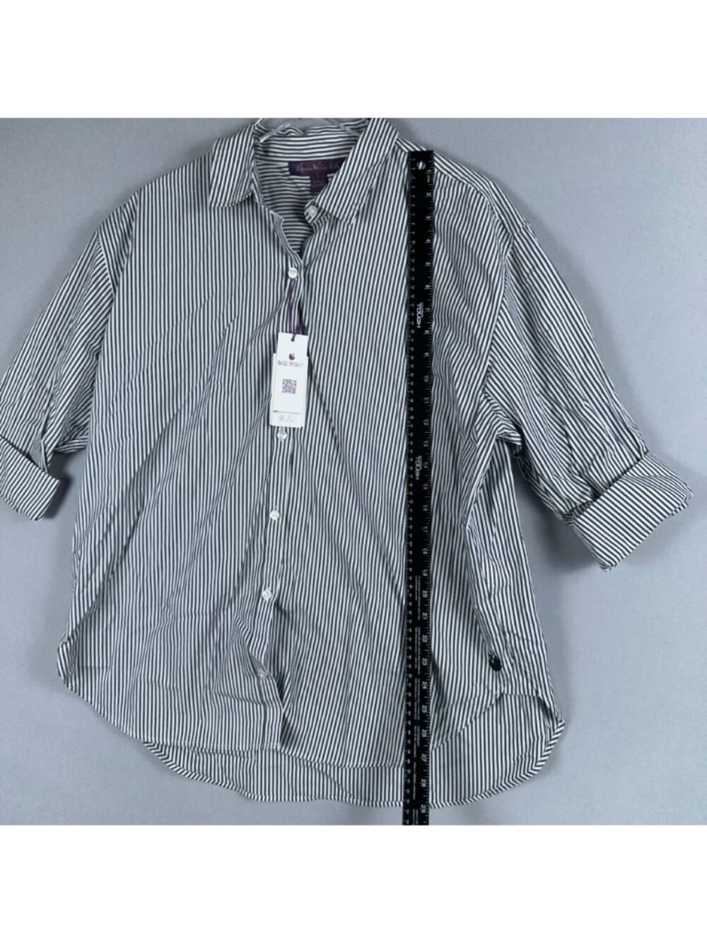 Gloria Vanderbilt Button-Down Shirt Size Large Black White 100% Cotton Striped - Picture 10 of 15